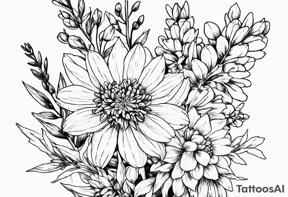Aster and  delphinium tall bouquet tattoo idea