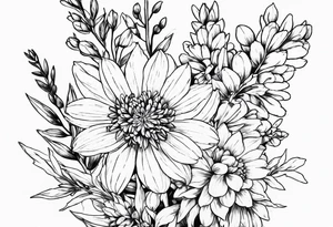 Aster and  delphinium tall bouquet tattoo idea