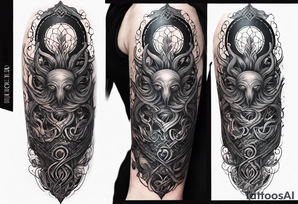 Long tattoo for forearm. Lovecraftian creature, with technological elements. Tentacles protect a heart. tattoo idea