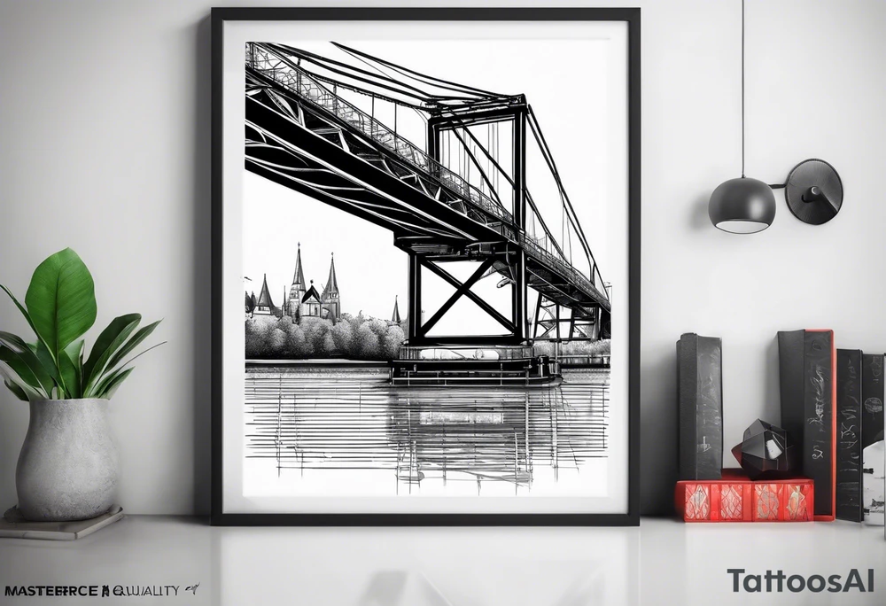 view from under steel truss cantilever bridge tattoo idea