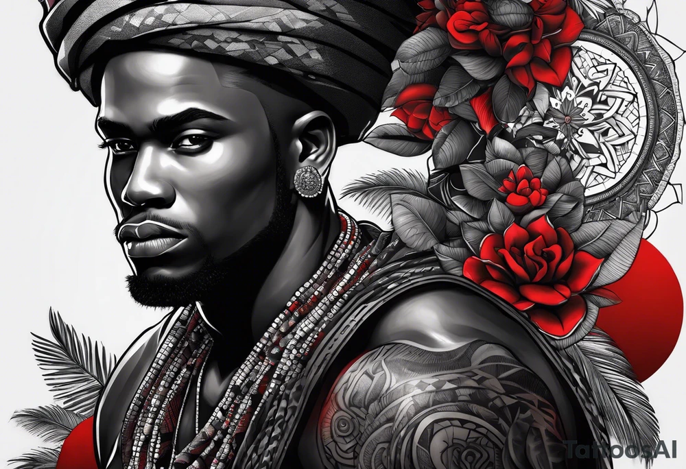 homem divindade africano realista em preto e cinza com os olhos vermelhos. Fundo da imagem com tons vermelhos. braço tattoo idea