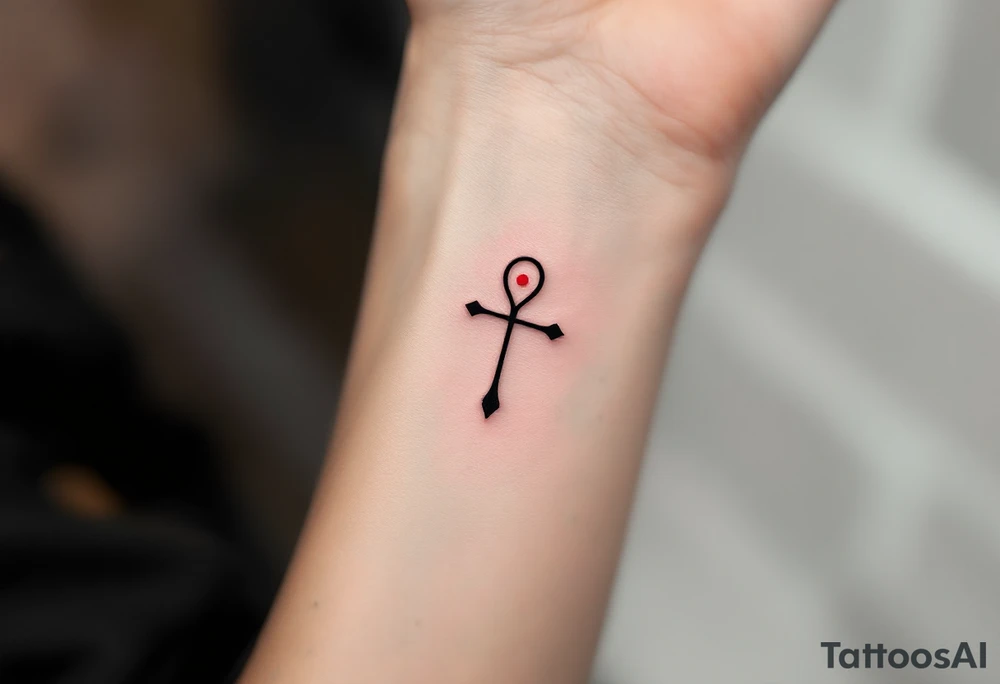 A minimalist black ink Ankh with a tiny red dot at the center, symbolizing life’s eternal spark. tattoo idea
