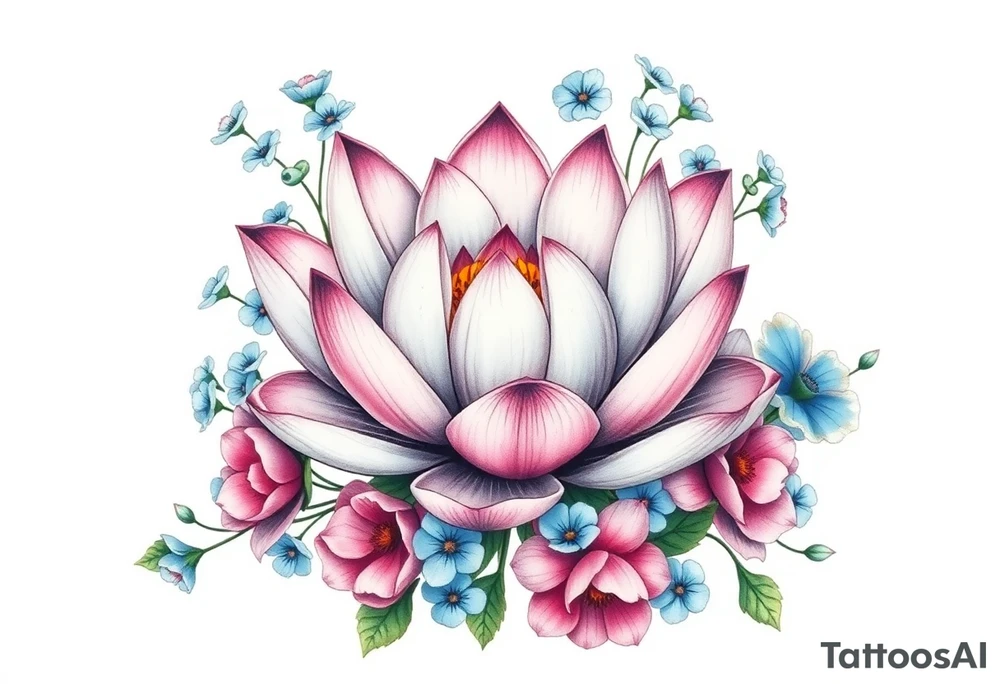 Lotus flower surrounded by forget me nots and peonies tattoo idea