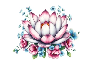 Lotus flower surrounded by forget me nots and peonies tattoo idea