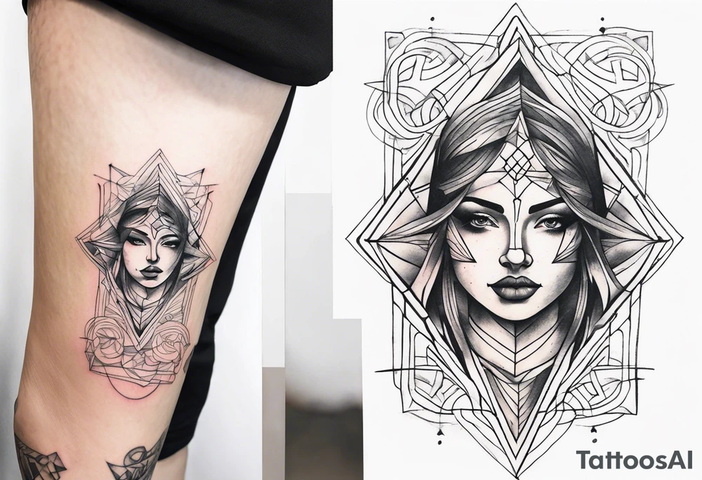 front knee tattoo with geometry, swirls & washes, background washes tattoo idea