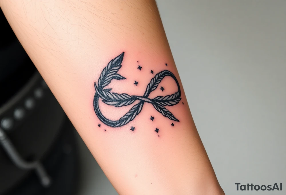 infinity symbol woven with floating feathers and stardust tattoo idea