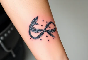 infinity symbol woven with floating feathers and stardust tattoo idea