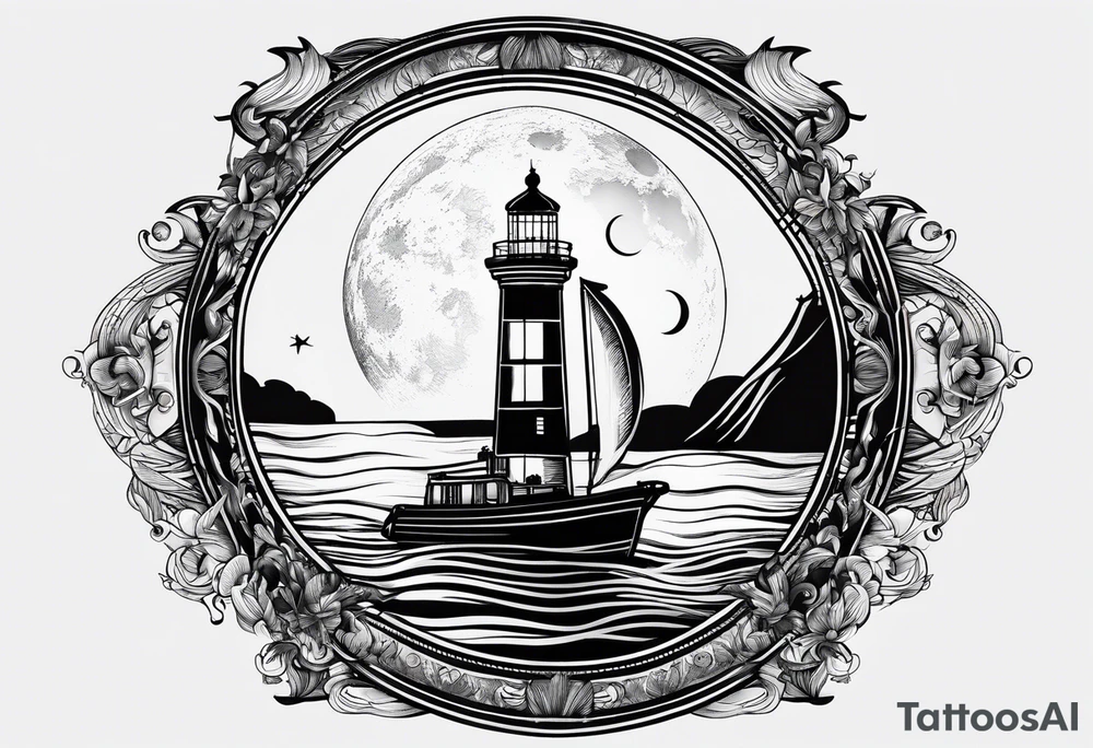 bateau, phare maritime et lune bleu tattoo idea