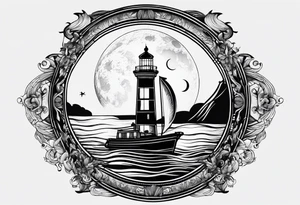 bateau, phare maritime et lune bleu tattoo idea