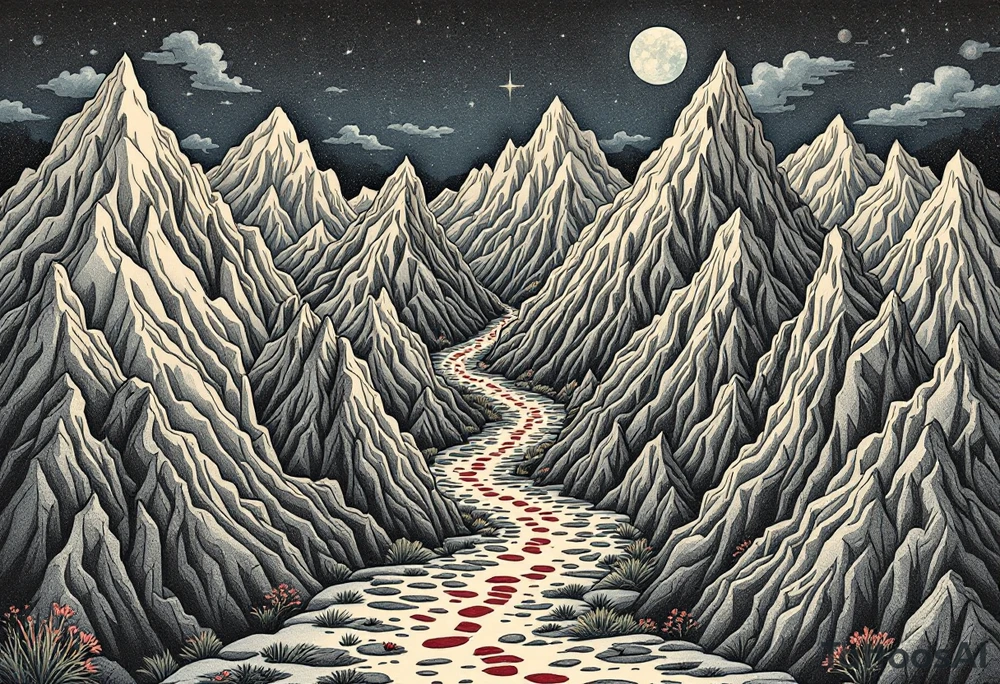 „I nejdelsi cesta zacina prvnim krokem.“ — A winding trail through mountain peaks in soft grays, with a single red bootprint and the proverb „I nejdelsi cesta zacina prvnim krokem.“ written in the sky. tattoo idea