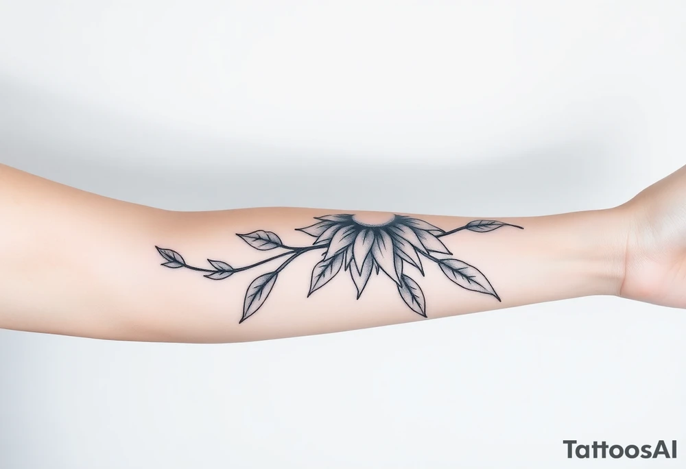 Shining Mystical sun with long  leaning sunflower sun tattoo idea