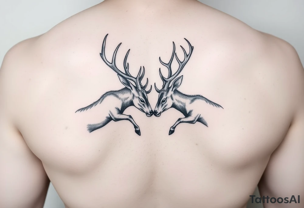 Two full body deer hitting each others horns in a low down fighting manner tattoo idea