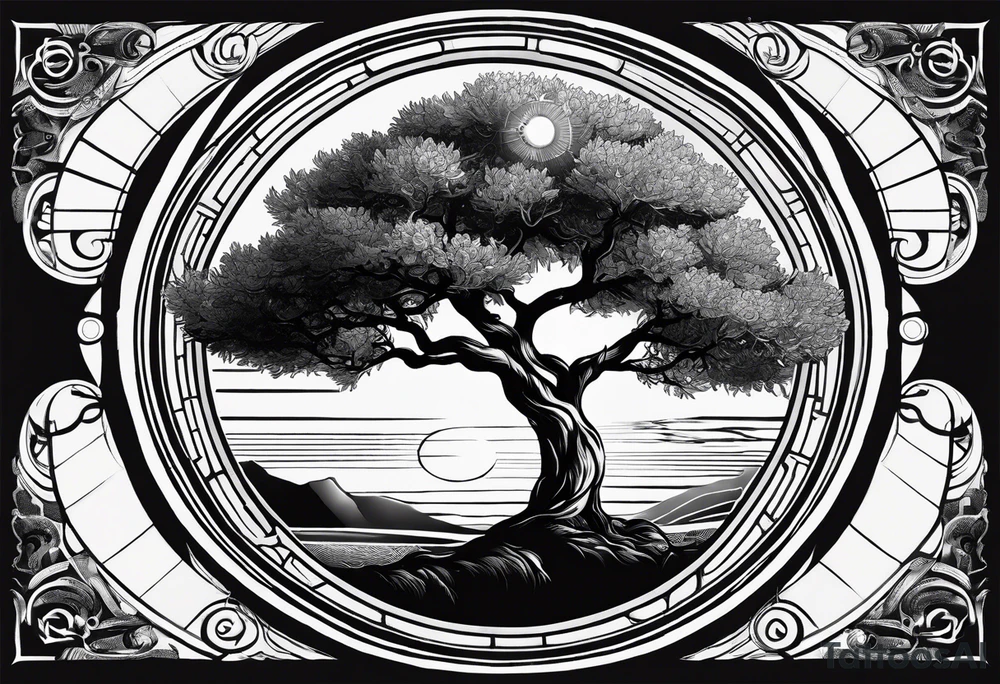 An olive tree surrounded by a circle with Saturn and the Babel tower in the background. tattoo idea An olive tree surrounded by a circle with Saturn and the Babel tower in the background. tattoo idea