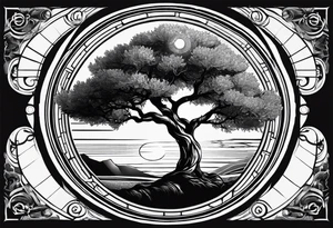An olive tree surrounded by a circle with Saturn and the Babel tower in the background. tattoo idea