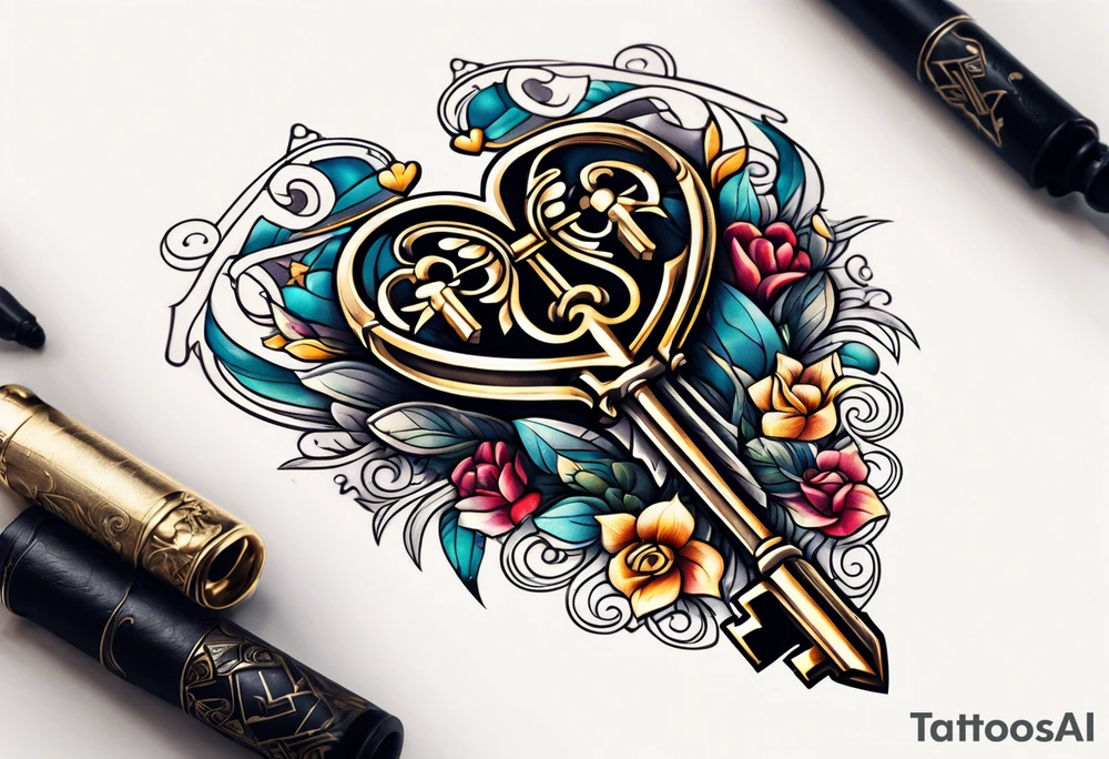 Antique keys heart shaped tattoo idea