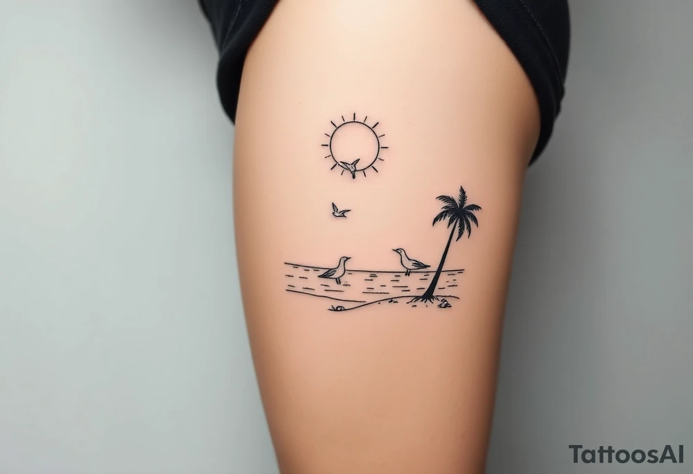 happy, peaceful, serene, timeless, ocean, sand, palm tree, seagulls, sun tattoo idea