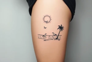 happy, peaceful, serene, timeless, ocean, sand, palm tree, seagulls, sun tattoo idea