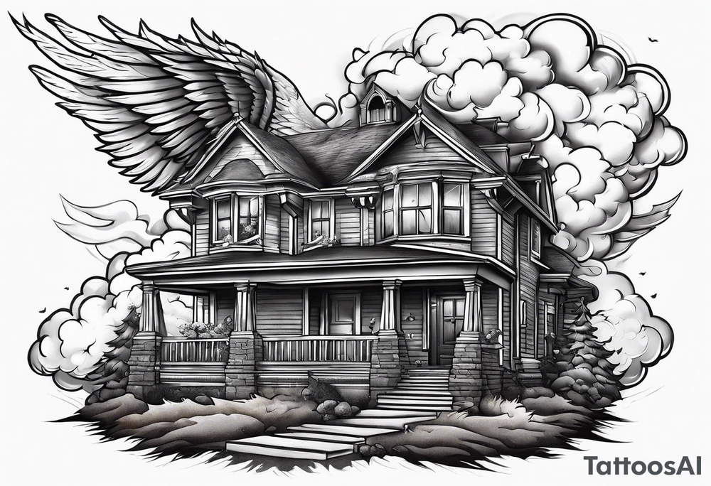 Angel flying over house fire tattoo idea