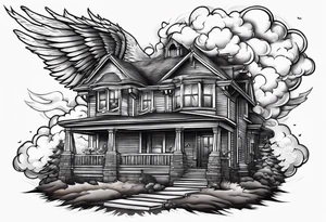 Angel flying over house fire tattoo idea