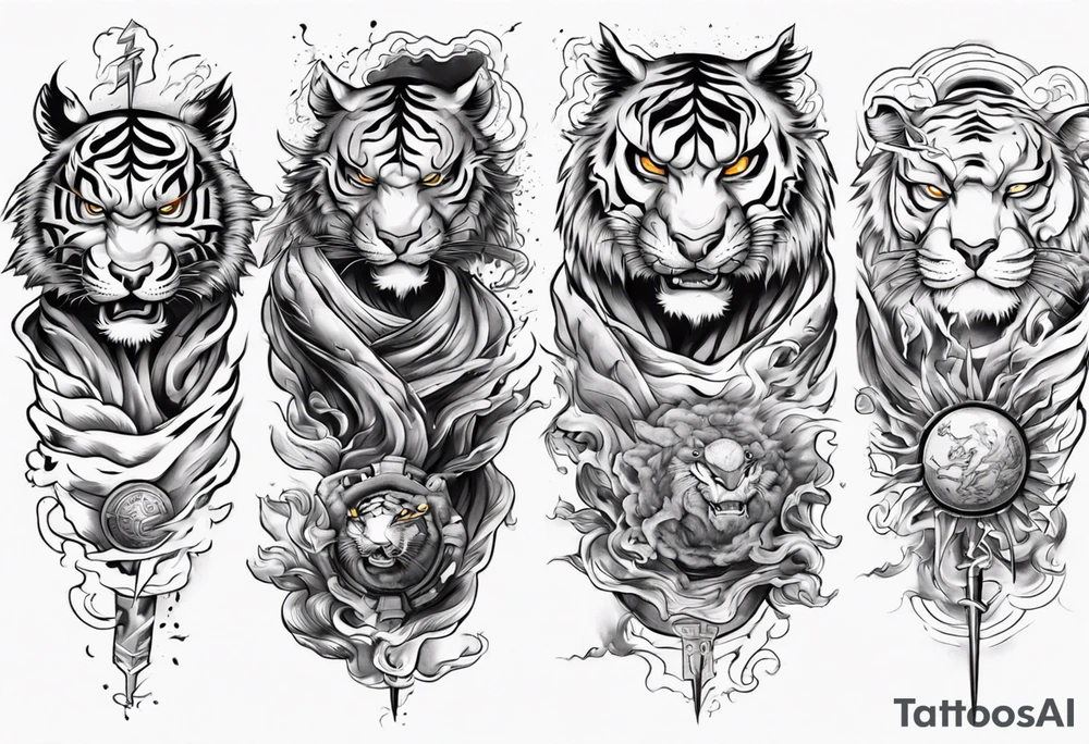 tiger warrior with lightning and the sun for a forearm sleeve tattoo idea