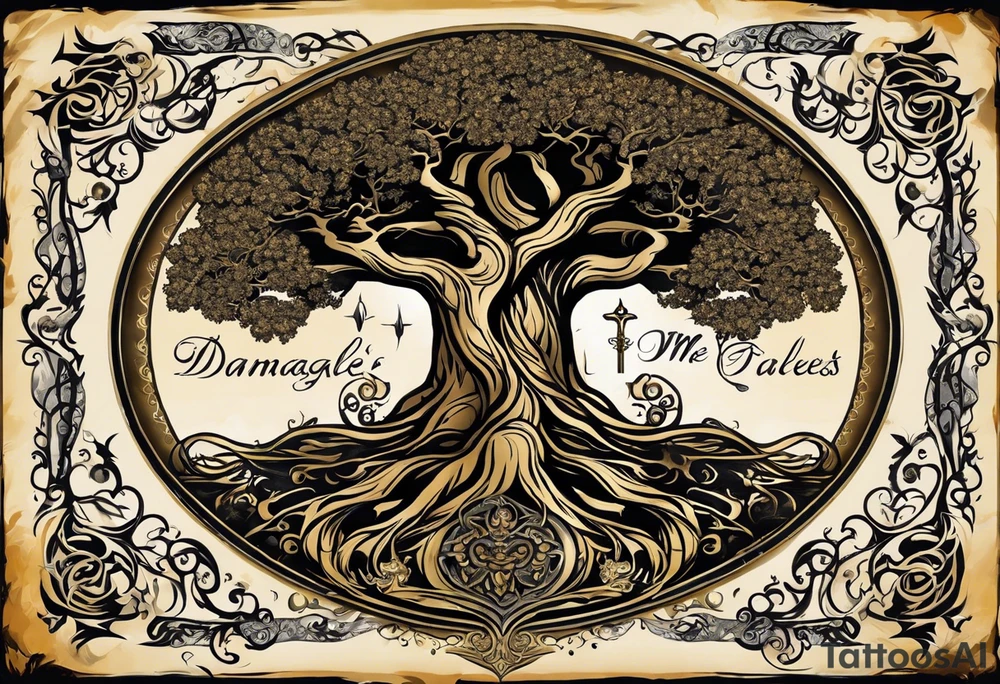 The tattoo should have a kind of family tree or roots where over half the arm where the date of birth of my children can be seen. There are supposed to be several swords over this family tree like the Damaglos, which is supposed to show attacks on my family. A symbol that shows the protection and strength of us would also be good. The death of my mother in 2018 should also be found tattoo idea