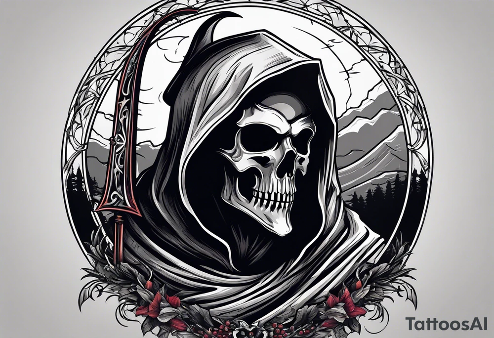 A full body grim reaper with his hood completely off, a halo above his head. tattoo idea