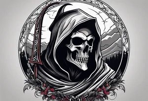 A full body grim reaper with his hood completely off, a halo above his head. tattoo idea