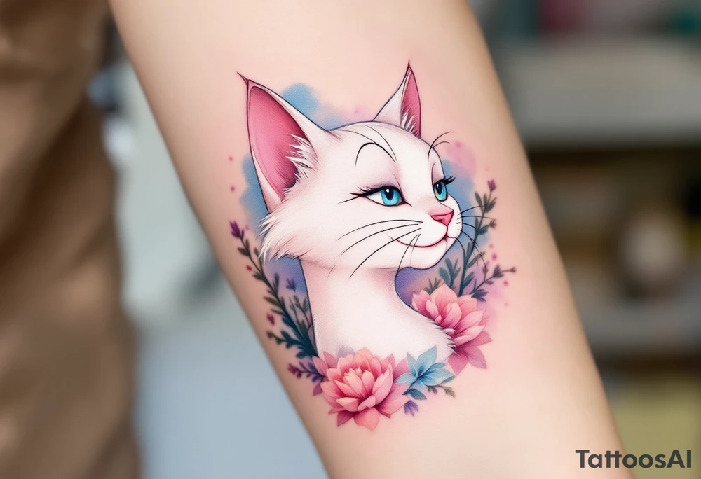 The white cat Marie from The Aristocats is the purrfect pastel tattoo for girly Disney vibes. tattoo idea