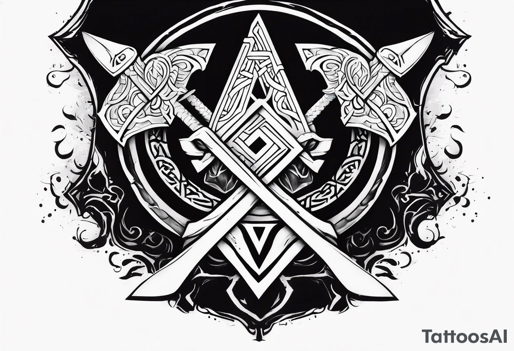Valhalla sword 
shield axe Valknut mist tattoo idea