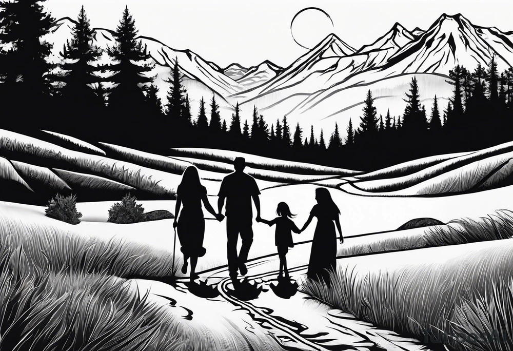 A shadow of a family of four walking through the Pacific northwest landscape. Father, Wife, Son, daughter.
 Faith centered and add Mexican tribal  border with importance of faith.
Add crosses and God around the boarder tattoo idea
