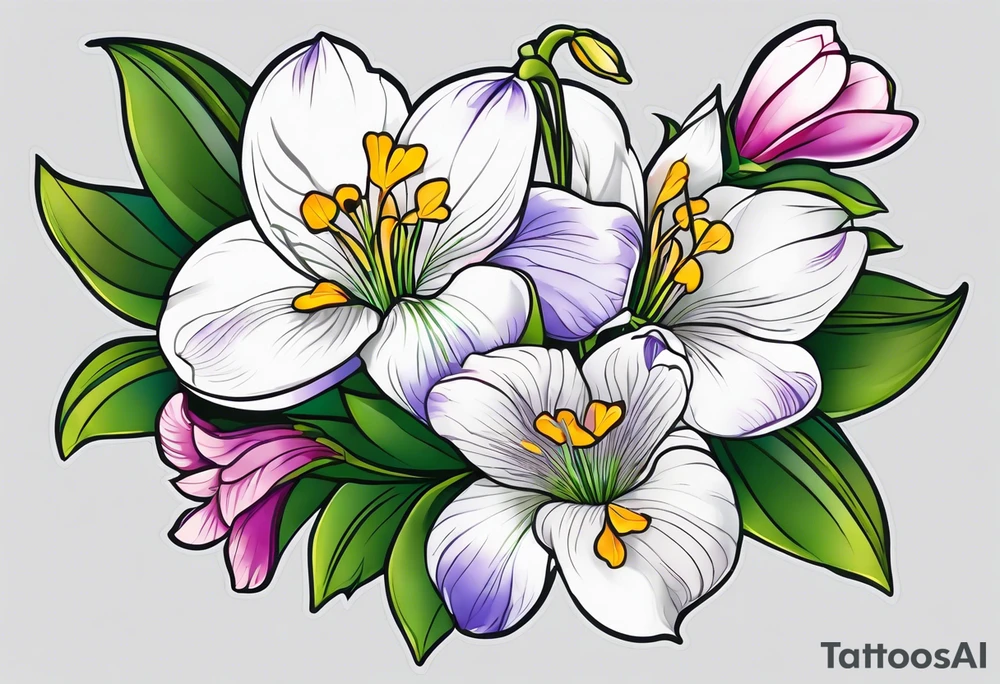 snowdrop flower, iris flower, cherry blossom flower, daisy flower, morning glory flower bouquet tattoo idea
