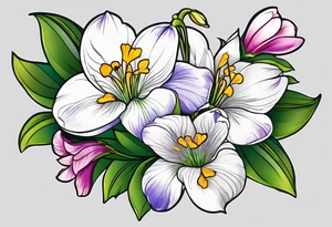 snowdrop flower, iris flower, cherry blossom flower, daisy flower, morning glory flower bouquet tattoo idea