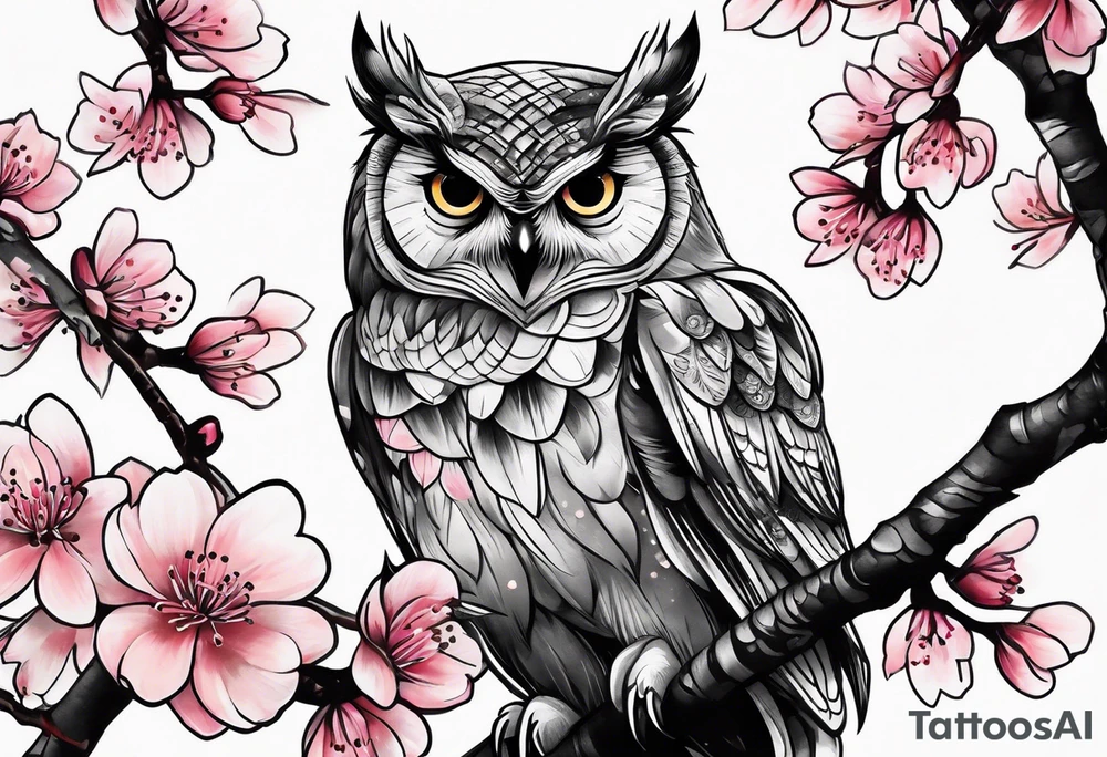 Owl made out of cherry blossom tattoo idea
