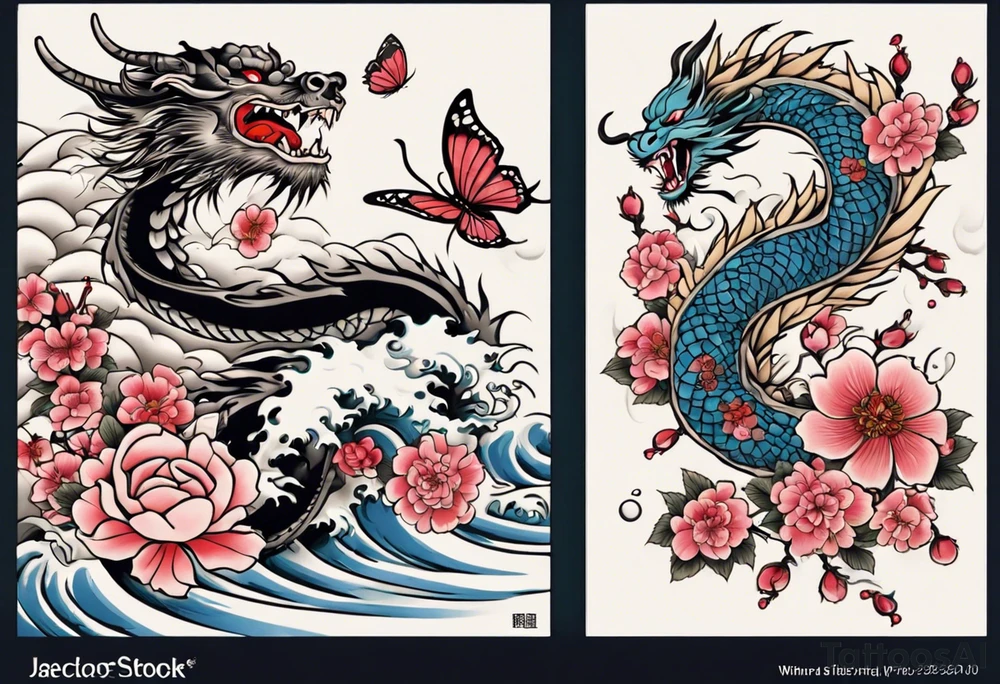 Japanese floral cherry blossom and irezumi back ground filler for traditional Chinese dragon and great waves and rose and butterfly tattoo tattoo idea