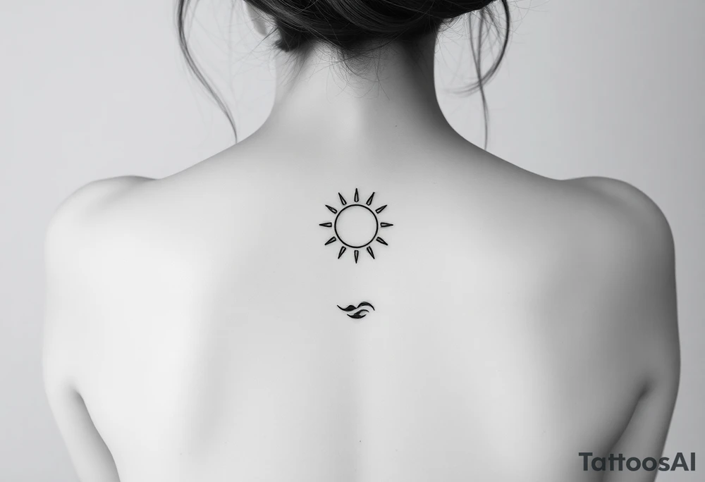 Fine line spine tattoo down the entire back with sun centered in the middle  and a bit of beach theme tattoo idea