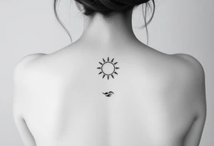 Fine line spine tattoo down the entire back with sun centered in the middle  and a bit of beach theme tattoo idea