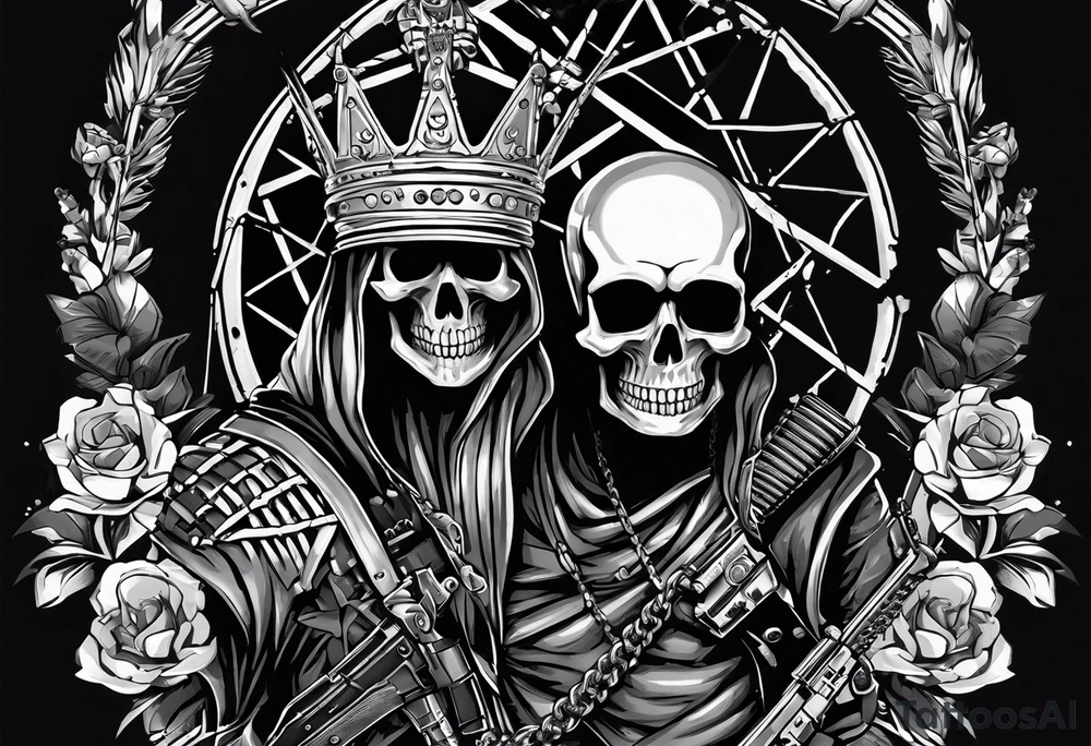 image of a skeleton standing frontally with a crown on his head, holding an AK-47 on his shoulder with his right hand. The chain on the left should be taut, there are three angry barking Dobermans in it, near the waist tattoo idea