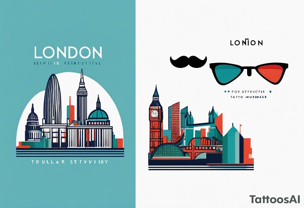 A minimalistic, abstract design capturing the architectural essence and vibe of London. Key elements of London’s skyline and structure are hinted at with clean lines, and subtle detailing includes personal touches, like a nod to Feid’s signature look (hat, glasses, mustache), integrated discreetly to honor a memorable concert experience. tattoo idea