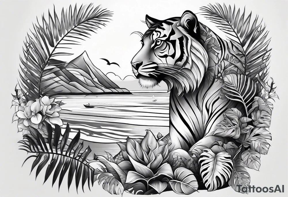 Womans Full arm tattoo sleeve design.  Smaller 
abstract tiger full body coming down front of shoulder, monstera foliage on forearm, beach landscape on bicep tattoo idea