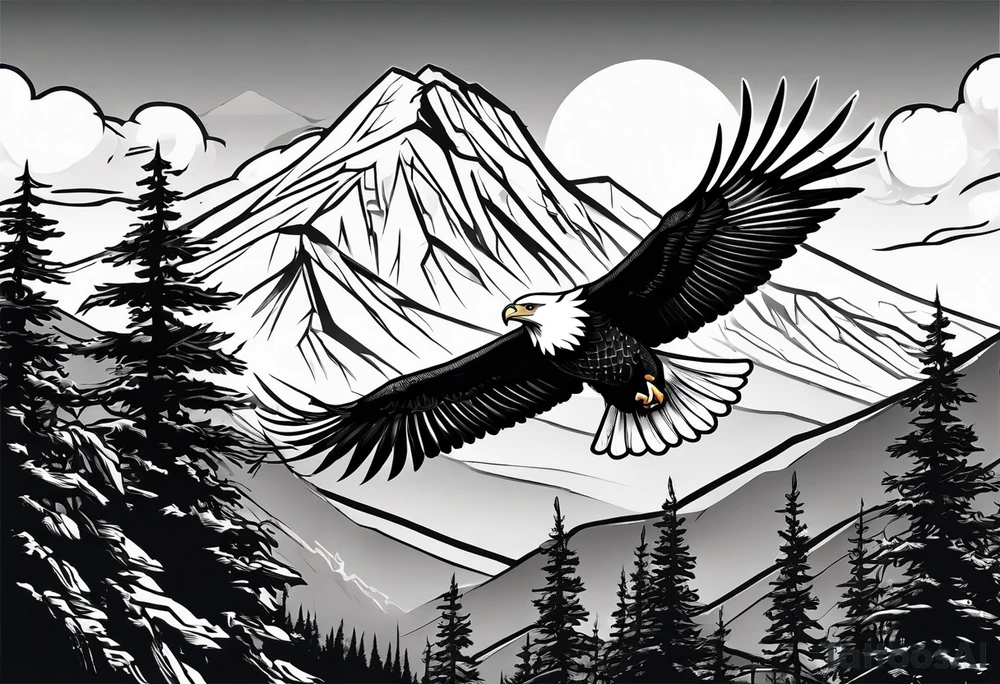 Mountain in the background with trees an eagle soaring with a white dove sitting on a branch at the top of the mountain tattoo idea