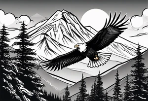 Mountain in the background with trees an eagle soaring with a white dove sitting on a branch at the top of the mountain tattoo idea