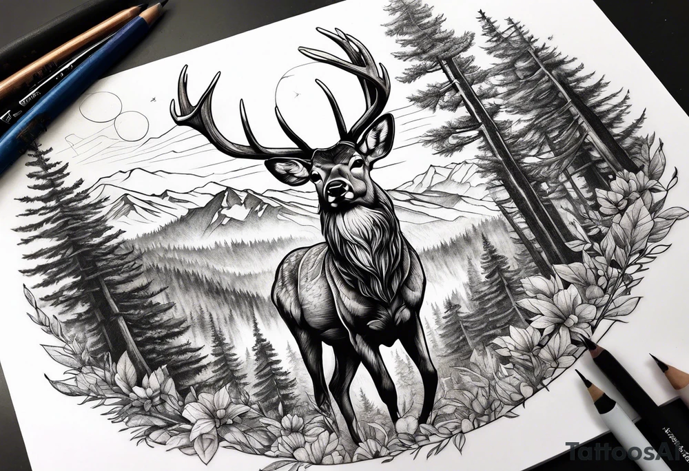 deer head  mountain forest tattoo idea