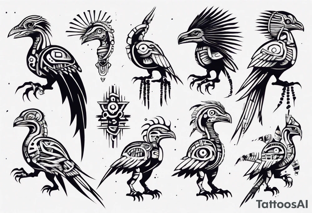Cyberpunk Mayan/Aztec Quetzal bird/dinosaur with Neurons. tattoo idea