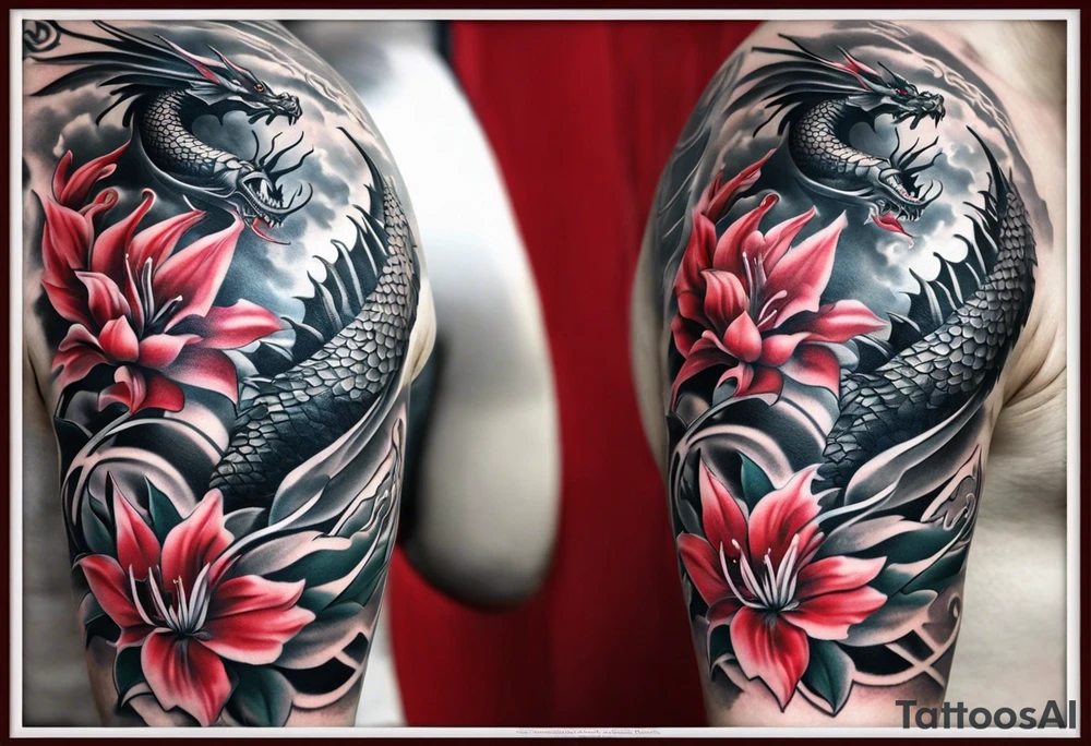 Arm Tattoo Black and white dragon as the focus. Red spider lillies as the background. Lightning. The words “ Νεχ ποσσυμ τεχυμ ωιωερε, νεχ σινε τε” tattoo idea
