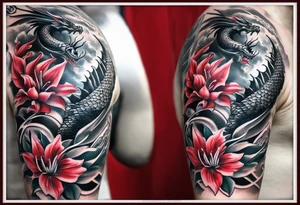 Arm Tattoo Black and white dragon as the focus. Red spider lillies as the background. Lightning. The words “ Νεχ ποσσυμ τεχυμ ωιωερε, νεχ σινε τε” tattoo idea