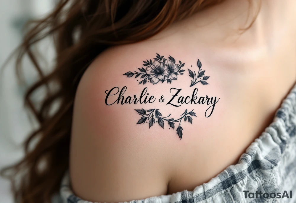 Design a small tattoo that artfully integrates the names "Charlie" and "Zackary" in elegant, intertwined cursive lettering. Surround the names with a bold, powerful symbol that conveys strength, unity, and protection—such as a shield, anchor, or lion emblem. The design should balance delicate script with a commanding central motif, creating a harmonious and meaningful piece perfect for a discreet placement like the wrist or inner forearm. tattoo idea
