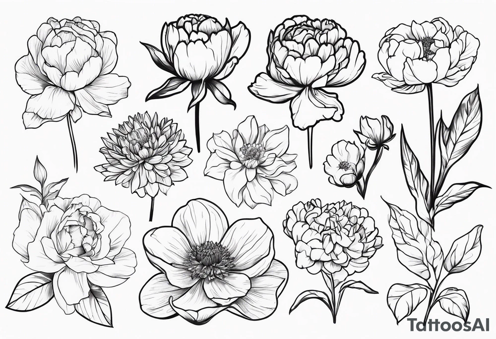 make me a tattoo that has one of each following flowers peony, carnation, daffodil, daphne, dahlia, desiree, daisy and rose tattoo idea