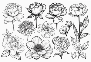 make me a tattoo that has one of each following flowers peony, carnation, daffodil, daphne, dahlia, desiree, daisy and rose tattoo idea