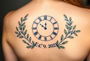 A Roman numeral clock surrounded by olive branches, with baby´s name "Erik" and birth date "24. 09. 2023 in muted green and gold tattoo idea