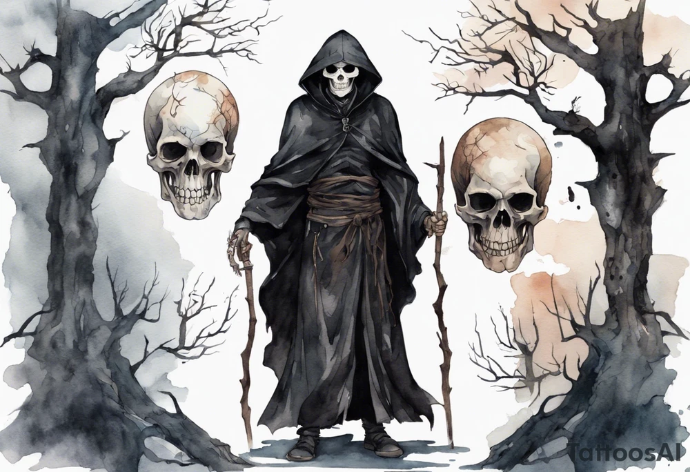 a thin medieval man in a black cloak wearing a skull mask, standing alone in a gloomy place with dead trees tattoo idea